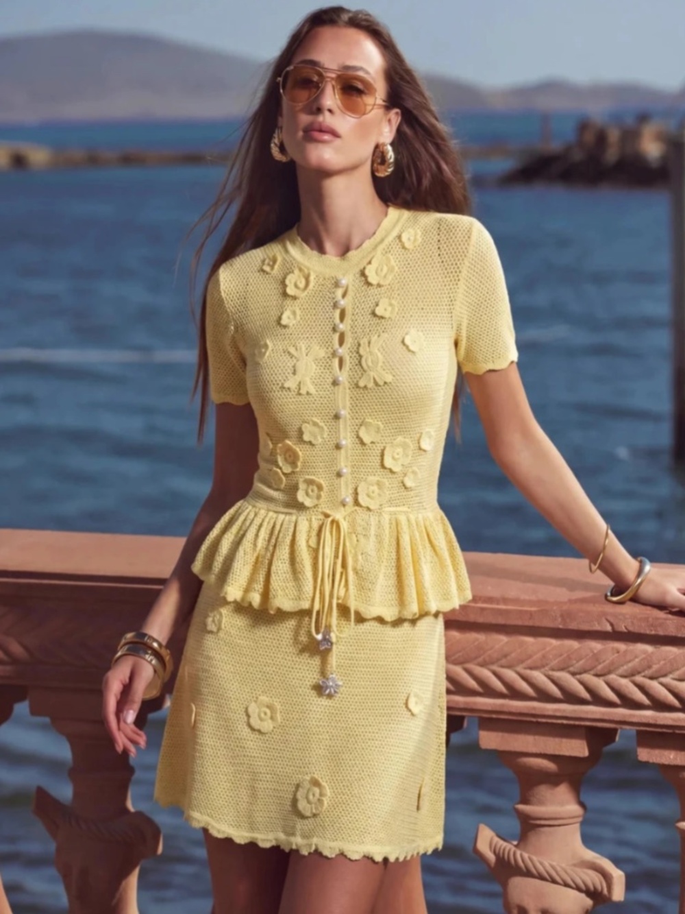 Yellow Crochet Knit Mini Dress Floral Applique Pearl Button Peplum Resort Dress